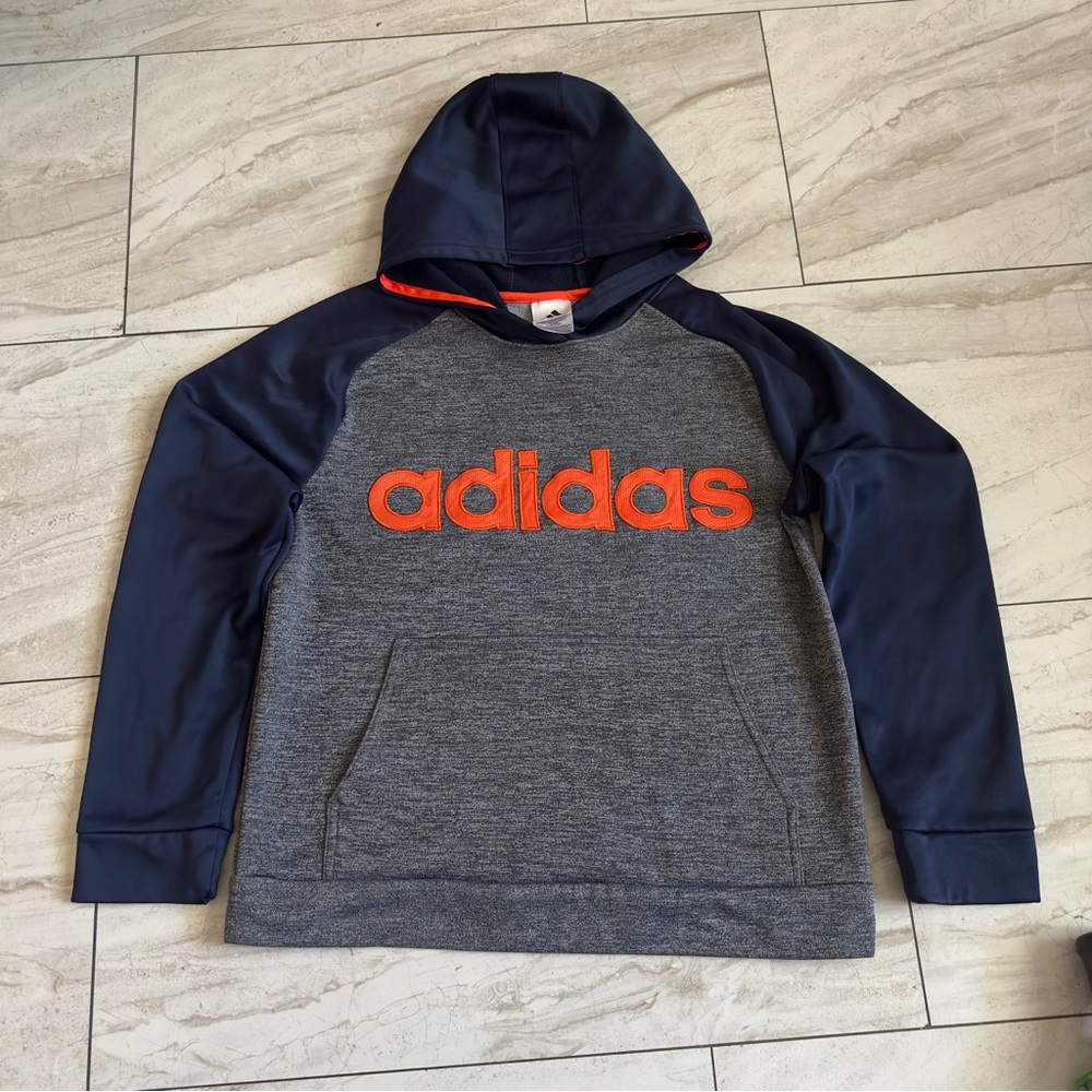 Adidas Hoodie with Navy, Gray, and Orange Accents